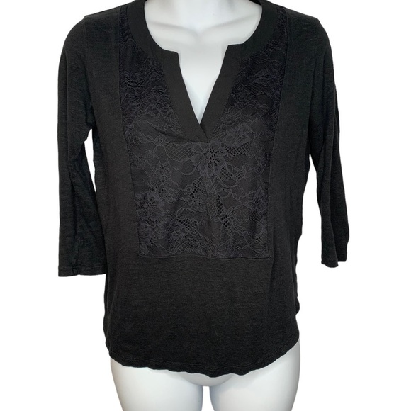 Sandro Paris Black Line Split V Neck 3/4 Sleeve Blouse Lace Applique Size 1 - Picture 1 of 13